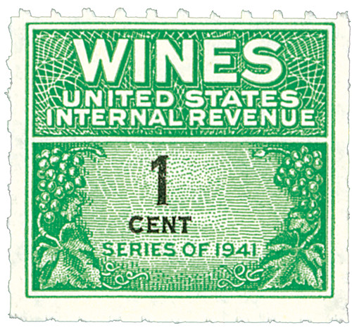 RE111  - 1942 1c Cordials, Wines, Etc. Stamp - Rouletted 7, watermark, offset, green & black