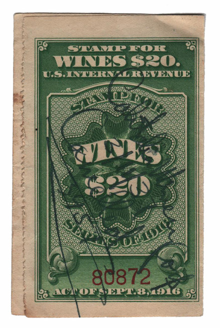 RE56  - 1916 $20 Cordials, Wines, Etc. Stamp - perf 12 at left, green