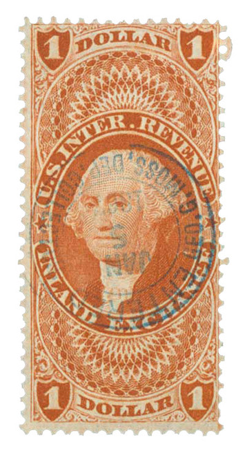 R69  - 1862-71 $1 US Internal Revenue Stamp - Inland Exchange, old paper, red