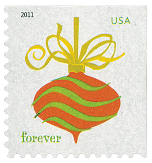 4579  - 2011 First-Class Forever Stamp - Holiday Baubles: Green and Red Wavy Line Ornament (ATM Booklet)