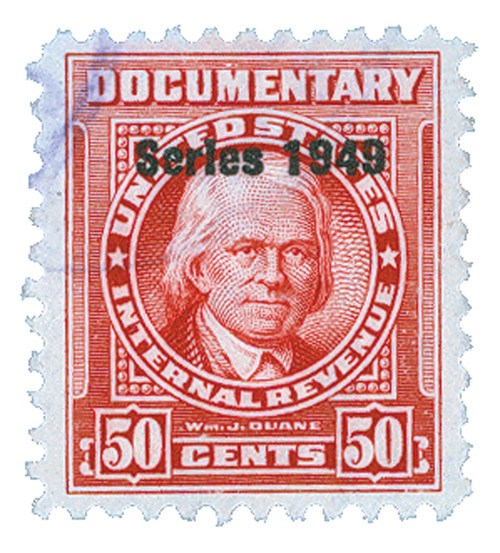 R521  - 1949 50c US Internal Revenue Stamp - watermark, perf 11, carmine