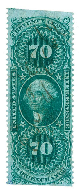 R65b  - 1862-71 70c US Internal Revenue Stamp - Foreign Exchange, part perf, green
