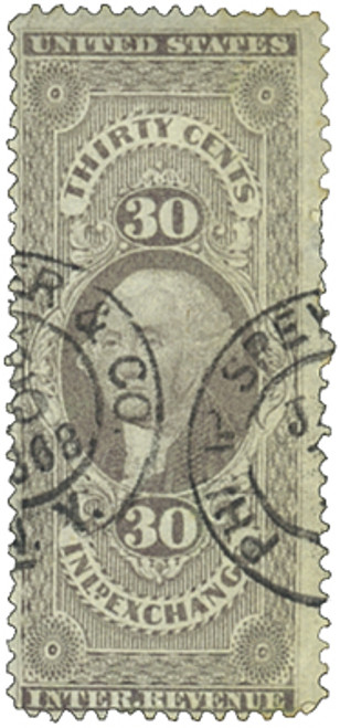 R52  - 1862-71 30c US Internal Revenue Stamp - Inland Exchange, old paper, lilac