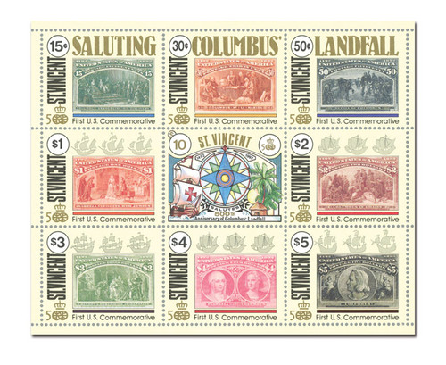 MFN187  - 1991 15c-$5 500th Anniversary of Columbus's Exploration, Mint, Sheet of 9 Stamps, St. Vincent