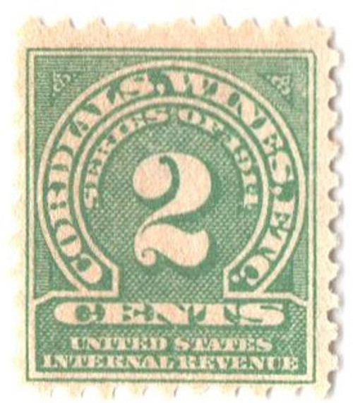 RE5  - 1914 2c Cordials, Wines, Etc. Stamp - watermark, offset, perf 10, green