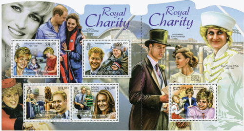 M12137  - 2012 $9 Princess Diana Royal Charity, Mint Sheet of 4 with Attached Souvenir Sheet, Solomon Islands