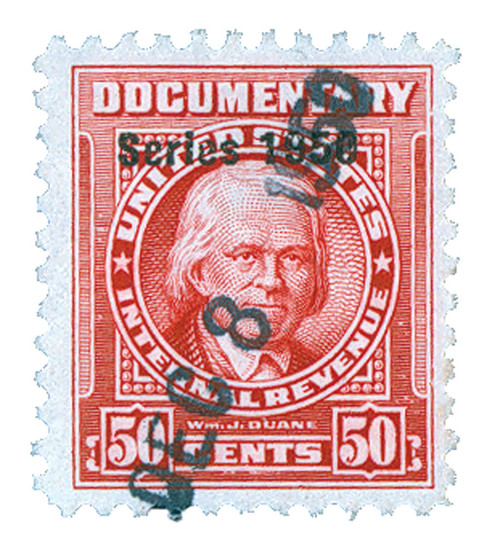 R546  - 1950 50c US Internal Revenue Stamp - watermark, perf 11, carmine