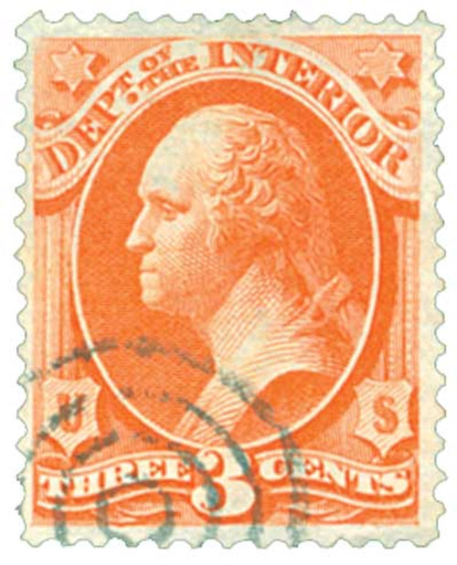 O17  - 1873 3c Vermillion, Department of the Interior, Washington, Hard Paper