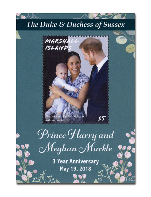 MFN232  - 2021 $5.00 Three Year Anniversary Prince Harry & Meghan, Mint Souvenir Sheet, Marshall Islands