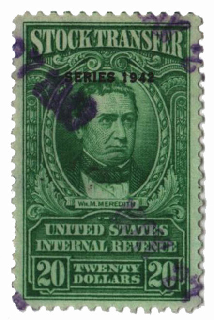 RD133  - 1942 $20 Stock Transfer Stamp, bright green, watermark, perf 11