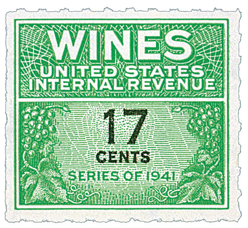 RE186  - 1951-54 17c Cordials, Wines, Etc. Stamp - Rouletted 7, watermark, green & black
