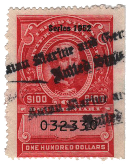 R614  - 1952 $100 US Internal Revenue Stamp - no gum, perf 12, carmine