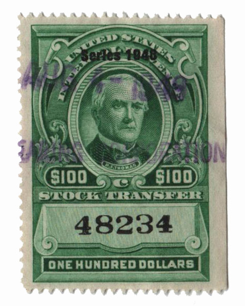 RD281  - 1948 $100 Stock Transfer Stamp, bright green, watermark, perf 12