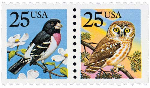 2284-85  - 1988 25c Owl and Grosbeak