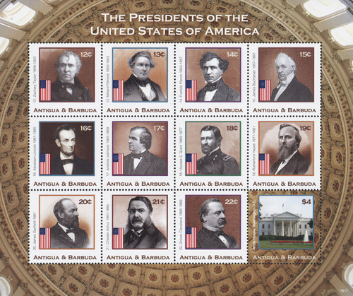 M12373  - 2018 Presidents of the United States, sheet of 12 stamps, Taylor - Cleveland, plus White House Stamp