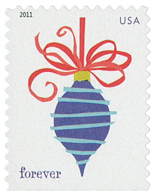 4573  - 2011 First-Class Forever Stamp - Holiday Baubles: Blue Lines with Red Ribbon Ornament (Ashton Potter)