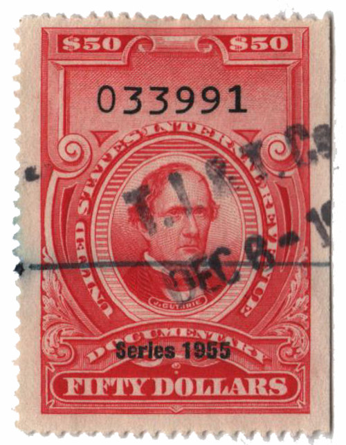 R689  - 1955 $50 US Internal Revenue Stamp - no gum, perf 12, carmine
