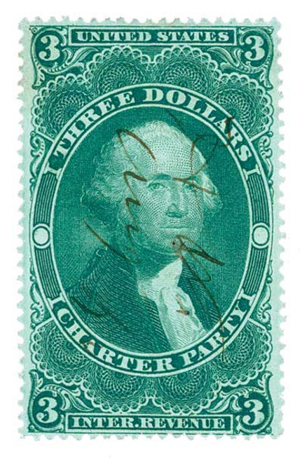 R85d  - 1862-71 $3 US Internal Revenue Stamp - Charter Party, silk paper, green