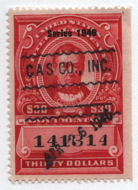 R455  - 1946 $30 US Internal Revenue Stamp - no gum, perf 12, carmine