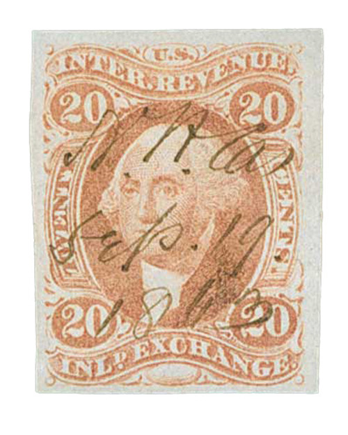 R42a  - 1862-71 20c US Internal Revenue Stamp - Inland Exchange, imperf, red