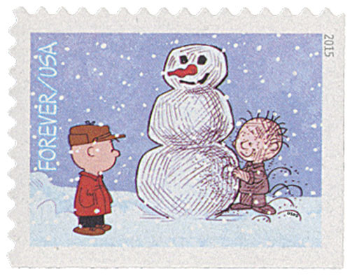 5022  - 2015 First-Class Forever Stamp - Contemporary Christmas: Charlie Brown and Pigpen Making a Snowman