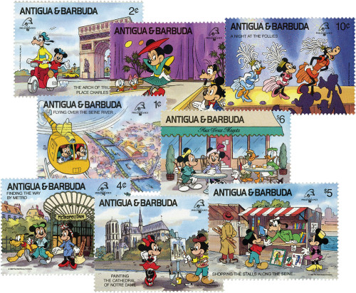 MDS225A  - 1989 Disney Friends at PHILEXFRANCE, Mint, Set of 8 Stamps, Antigua-Barbuda