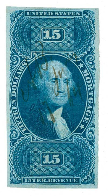 R97a  - 1862-71 $15 US Internal Revenue Stamp -Mortgage, imperf, blue