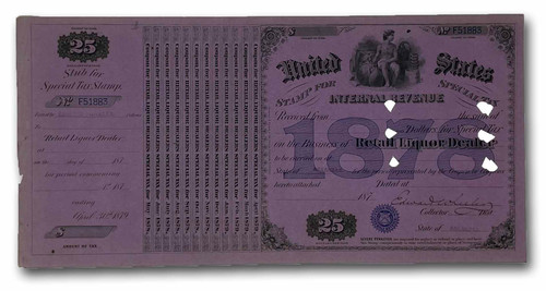 MUS062  - 1878 $25.00 Retail Liquor Dealer, Special Tax Stamp, Purple Paper