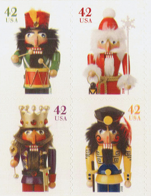 4363a  - 2008 42c Holiday Nutcrackers, convertible booklet, block of 4 stamps