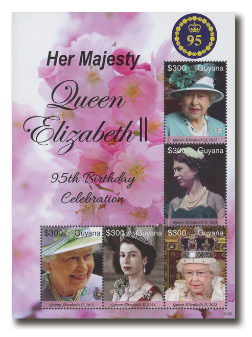 MFN236  - 2021 $300 Queen Elizabeth II 95th Birthday Celebration, Mint Sheet of 5, Guyana