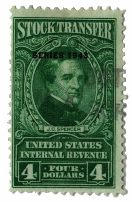 RD153  - 1943 $4 Stock Transfer Stamp, bright green, watermark, perf 11