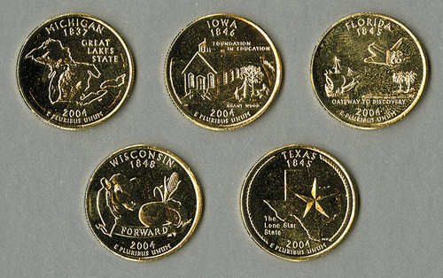 CNGP2004P  - 50 State Quarters Program - set of 5 gold-plated state quarters issued in 2004 (MI, FL, TX, IA, WI)