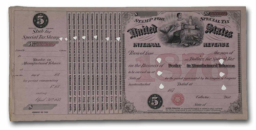 MUS059 - 1876 $5.00 Dealer in Manufactured Tobacco, Special Tax Stamp, Pink Paper