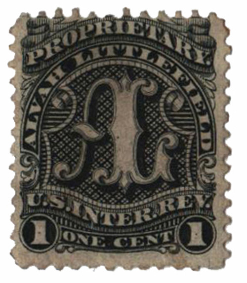 RS164a  - 1862-71 1c Proprietary Medicine Stamp - Alvah Littlefield, black, old paper