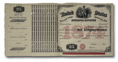 MUS057  - 1874 $25.00 Retail Liquor Dealer, Special Tax Stamp, Cream Paper