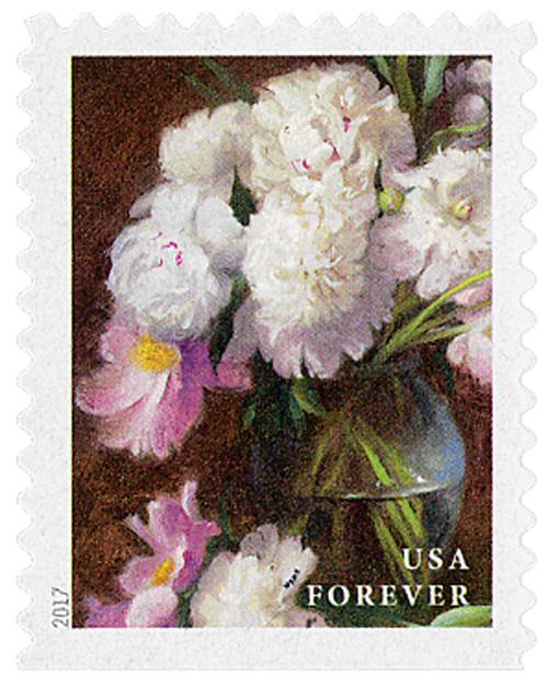 5239  - 2017 First-Class Forever Stamp - Flowers from the Garden (booklet): White and Pink Peonies in a Clear Vase