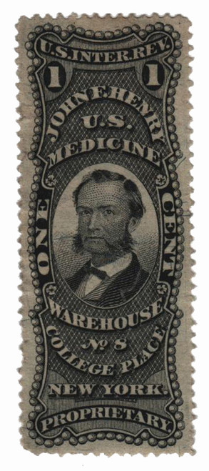 RS114b  - 1871-77 1c Proprietary Medicine Stamp - J.F. Henry, black, silk paper