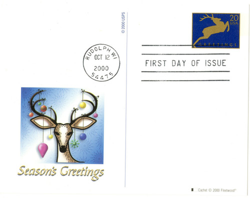 UX357  - 2000 20c Blue Holiday Deer PC FDC