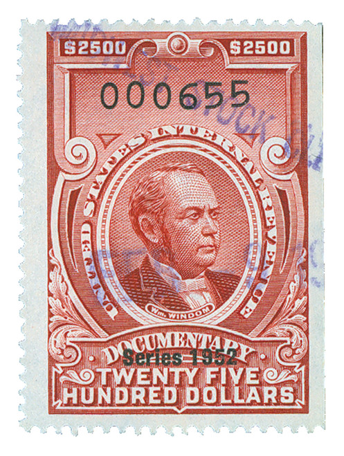 R617  - 1952 $2500 US Internal Revenue Stamp - no gum, perf 12, carmine