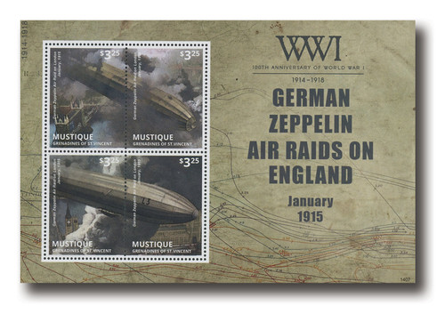 MFN341  -  2014 $3.25 100th Anniversary WWI- German Zeppelin Air Raid, Mint Sheet of 4 Stamps, Mustique