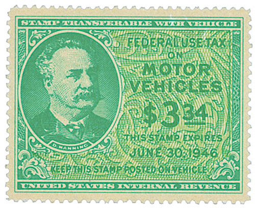 RV46  - 1945 $3.34 Motor Vehicle Use Tax, bright blue green & yellow green (gum on face, control no. & inscription on back)