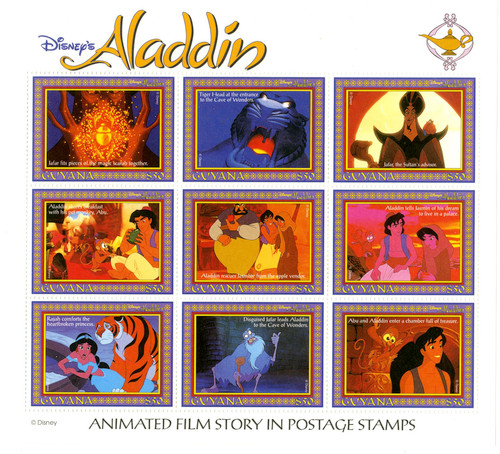MDS356B  - 1993 Disney's Film Characters - Aladdin, Mint, Sheet of 9 Stamps, Guyana