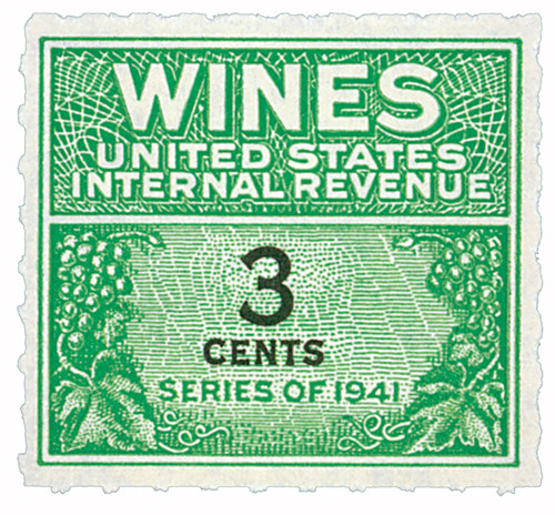 RE113  - 1942 3c Cordials, Wines, Etc. Stamp - Rouletted 7, watermark, offset, green & black