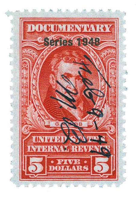 R502  - 1948 $5 US Internal Revenue Stamp - watermark, perf 11, carmine