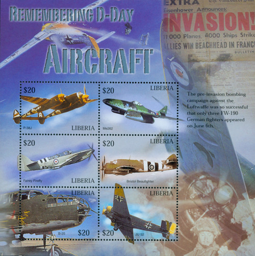 M10562  - 2004 $20 Remembering D-Day-Aircraft, Sheet of 6 Stamps, Liberia