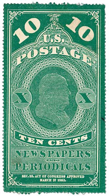 PR2  - 1865 10c Newspaper & Periodical Stamp - hard paper, no gum, blue green