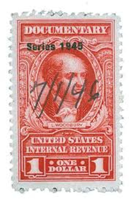R398  - 1944 $1US Internal Revenue Stamp - watermark, perf 11, carmine
