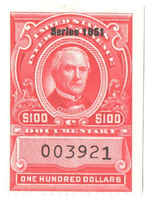 R583  - 1951 $100 US Internal Revenue Stamp - no gum, perf 12, carmine