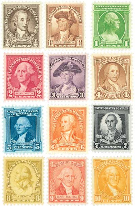 704-15 - 1932 Washington Bicentennials, set of 12 stamps - Mystic ...