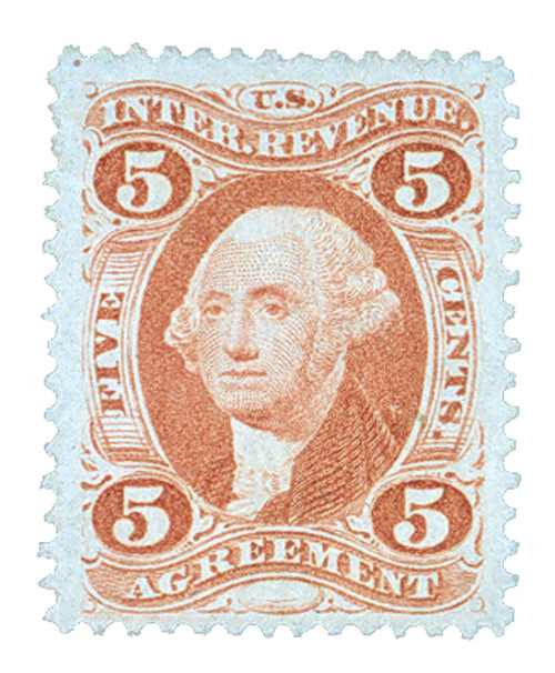 R23d  - 1862-71 5c US Internal Revenue Stamp - agreement, silk paper, red